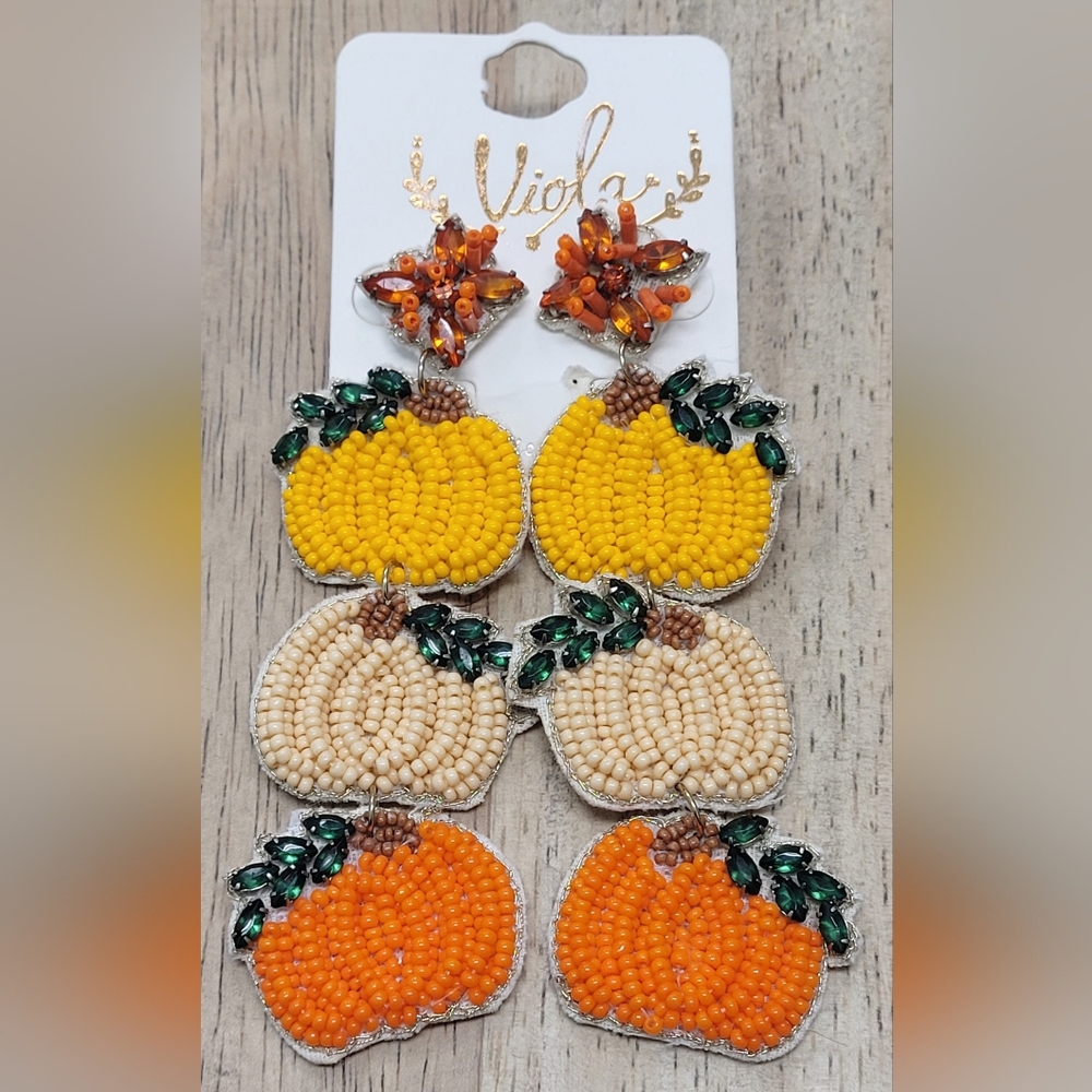 Beaded Triple Pumpkin Dangle Earrings